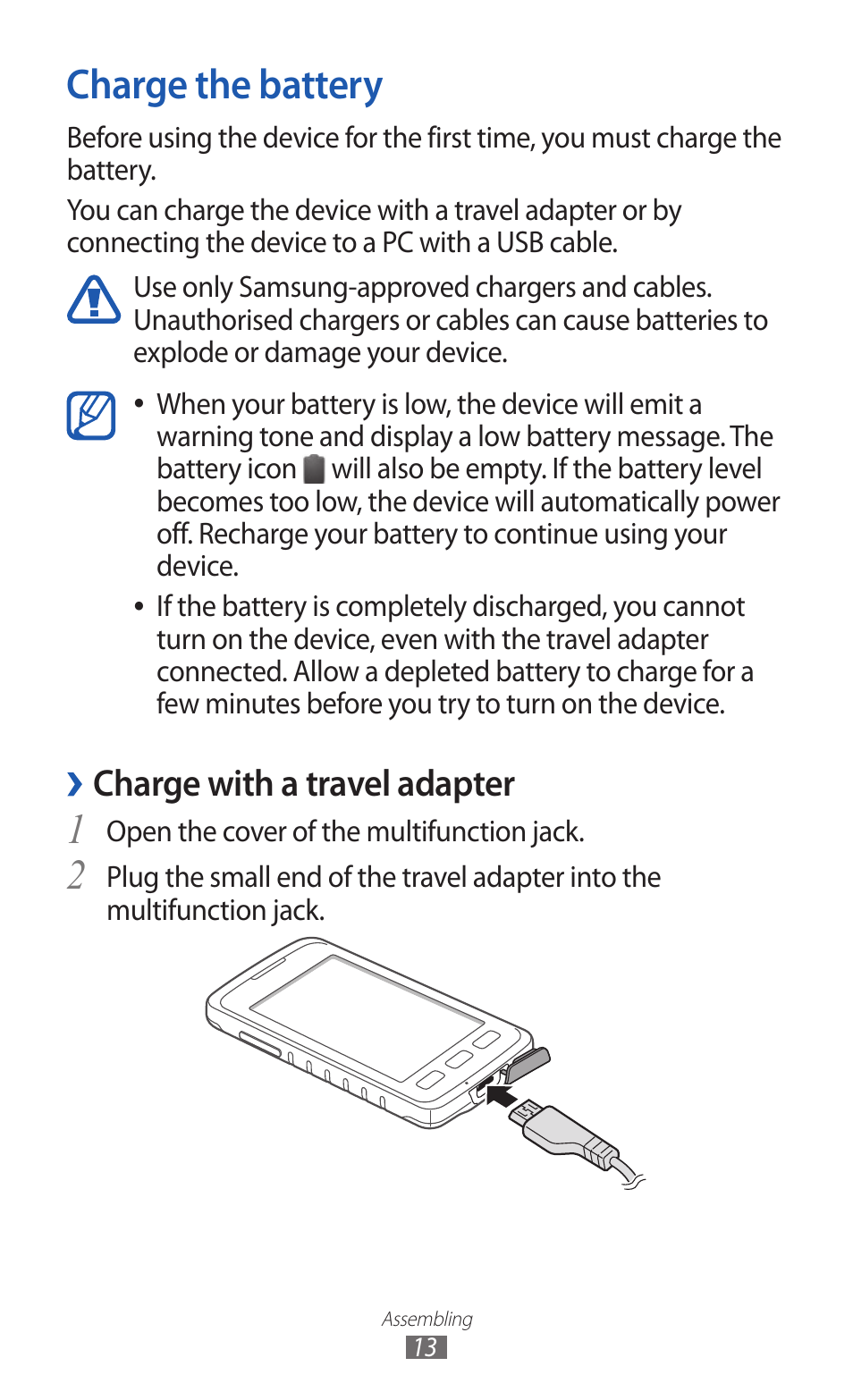 Charge the battery, Charge with a travel adapter | Samsung GALAXY GT-S5690 User Manual | Page 13 / 143