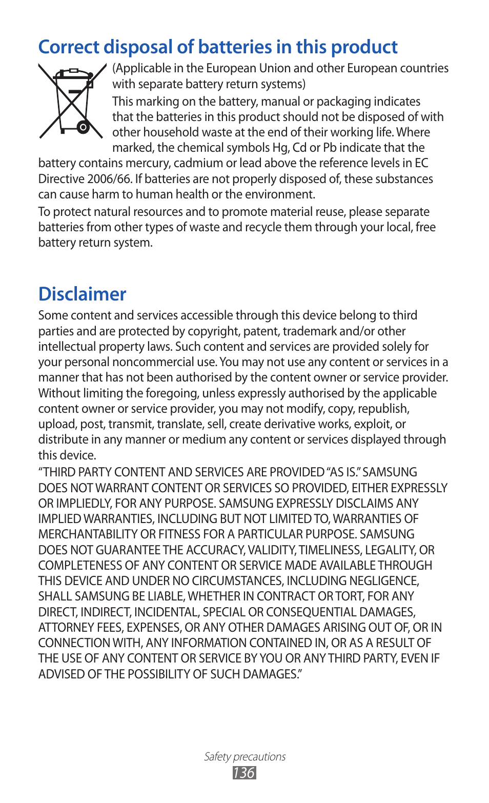 Correct disposal of batteries in this product, Disclaimer | Samsung GALAXY GT-S5690 User Manual | Page 136 / 143