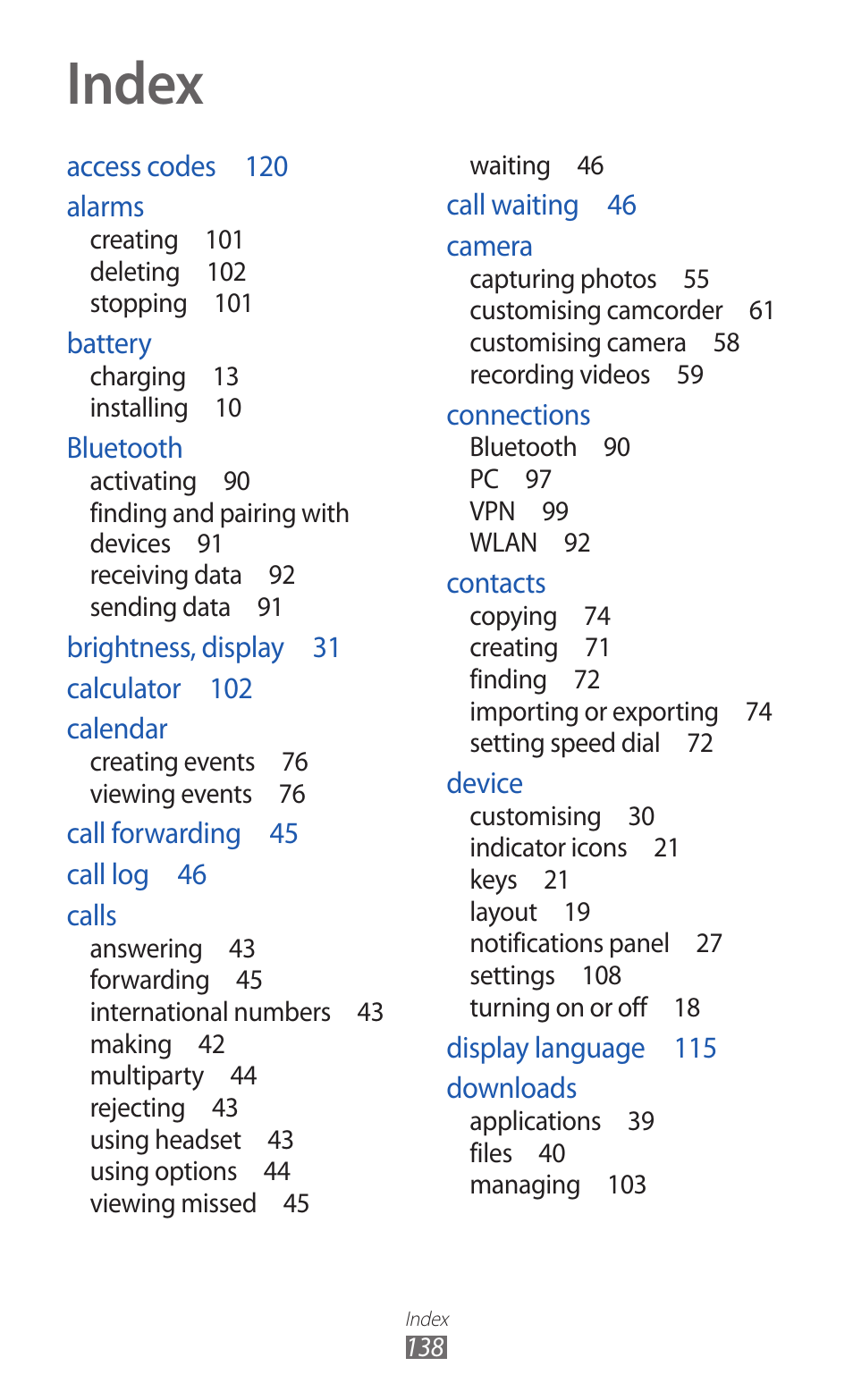 Index | Samsung GALAXY GT-S5690 User Manual | Page 138 / 143