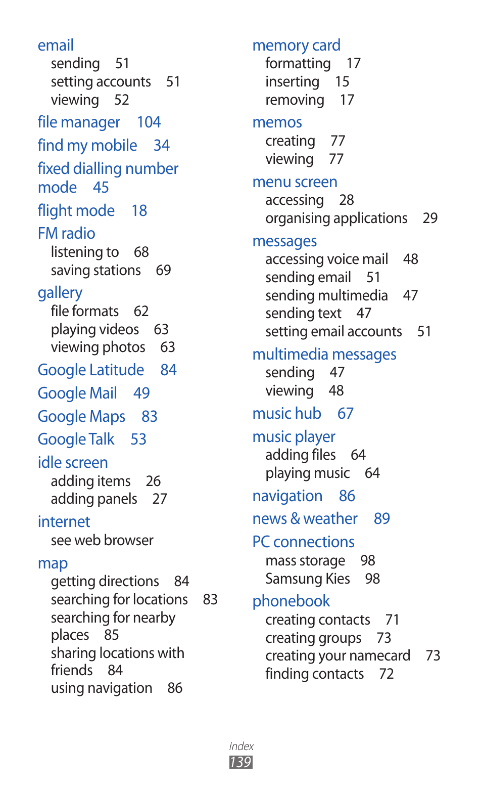 Samsung GALAXY GT-S5690 User Manual | Page 139 / 143