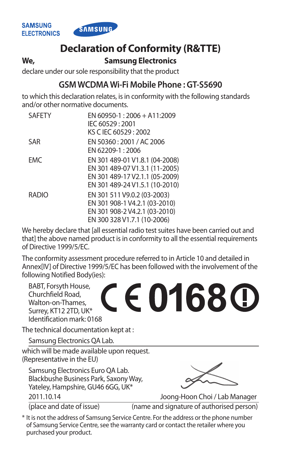 Declaration of conformity (r&tte), Gsm wcdma wi-fi mobile phone : gt-s5690 | Samsung GALAXY GT-S5690 User Manual | Page 142 / 143