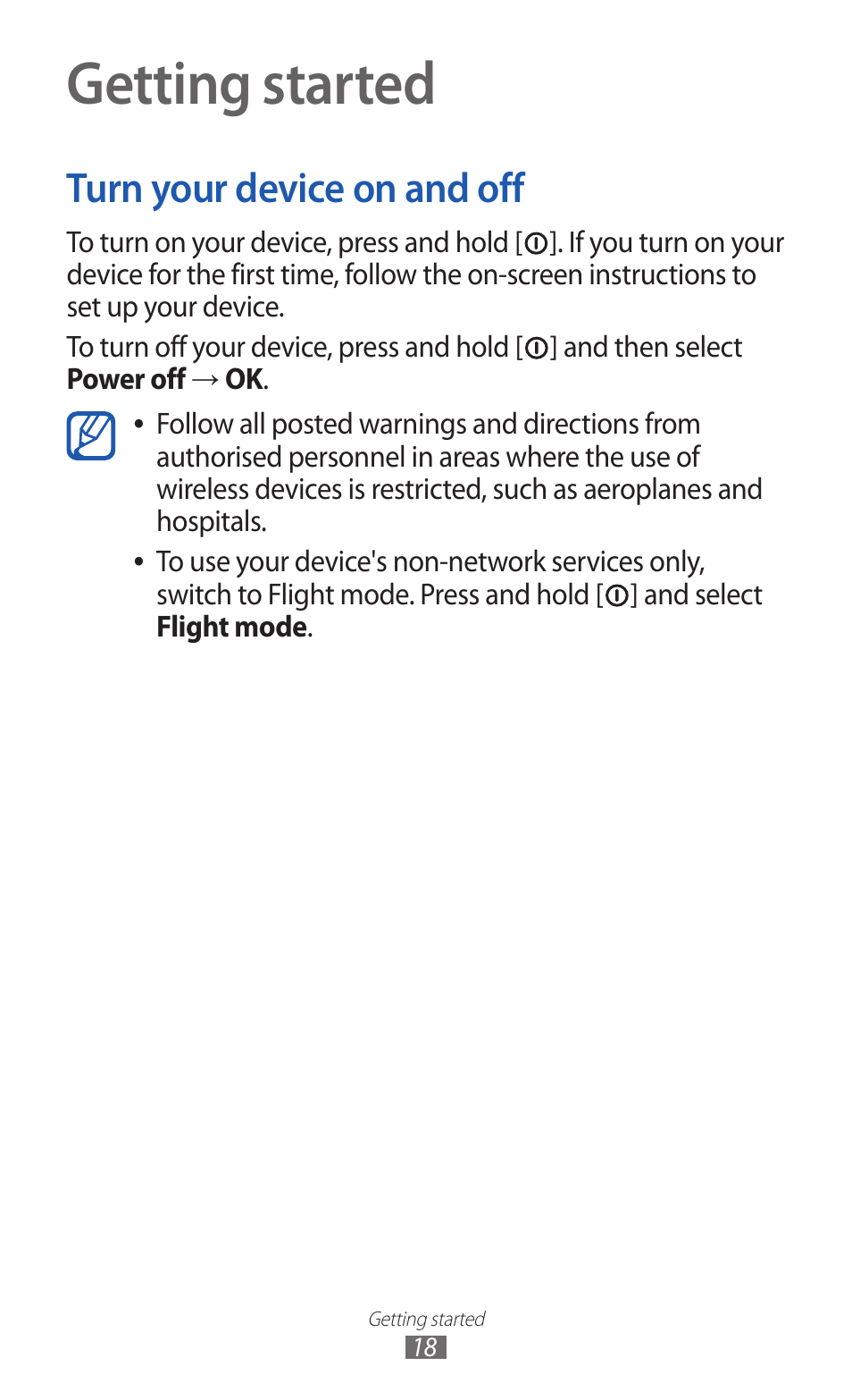 Getting started, Turn your device on and off | Samsung GALAXY GT-S5690 User Manual | Page 18 / 143