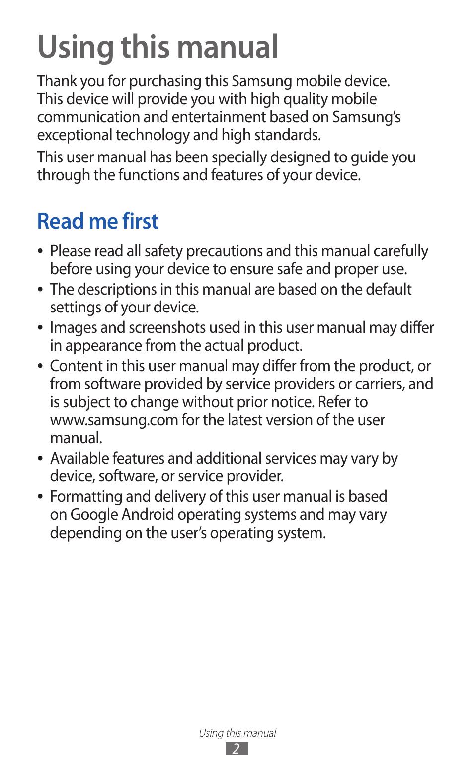 Using this manual, Read me first | Samsung GALAXY GT-S5690 User Manual | Page 2 / 143