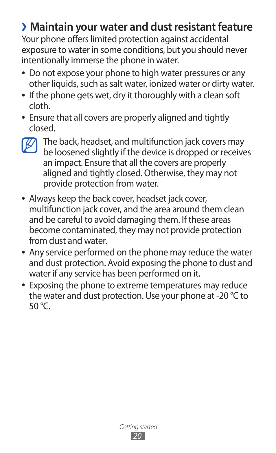Maintain your water and dust resistant feature | Samsung GALAXY GT-S5690 User Manual | Page 20 / 143