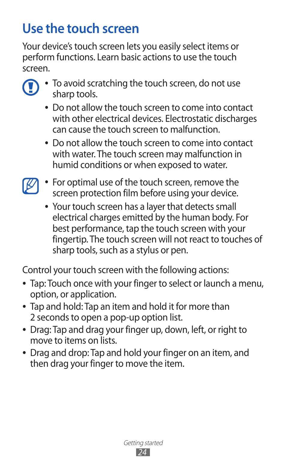 Use the touch screen, Then drag your finger to move the item | Samsung GALAXY GT-S5690 User Manual | Page 24 / 143