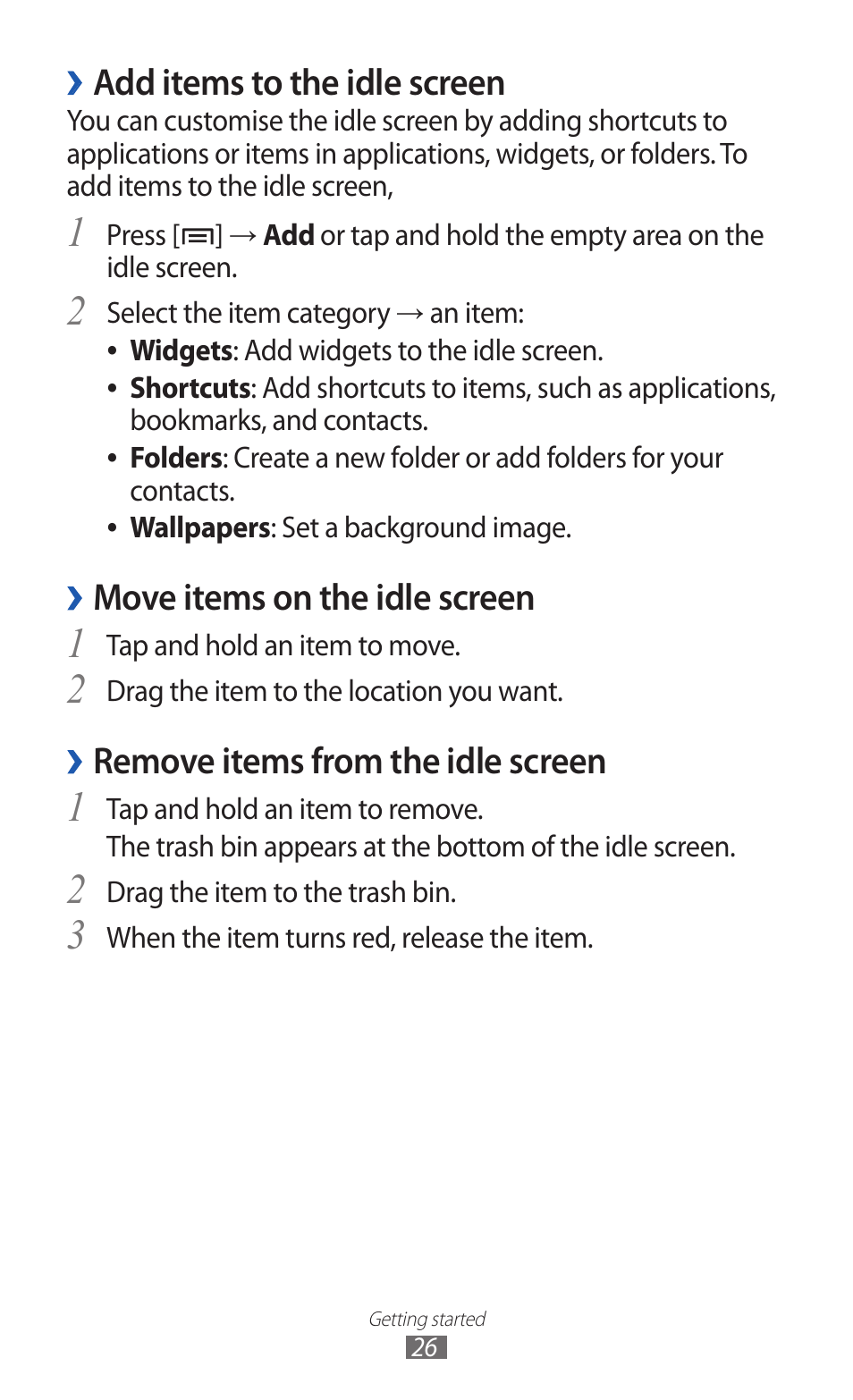 Add items to the idle screen, Move items on the idle screen, Remove items from the idle screen | Samsung GALAXY GT-S5690 User Manual | Page 26 / 143