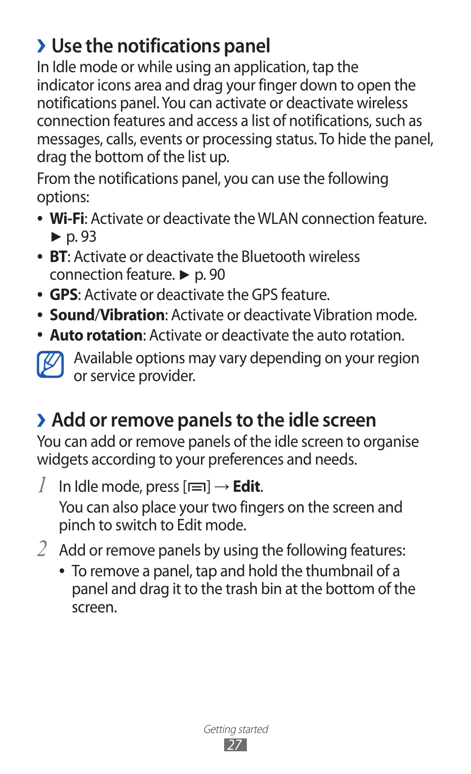 Use the notifications panel, Add or remove panels to the idle screen | Samsung GALAXY GT-S5690 User Manual | Page 27 / 143