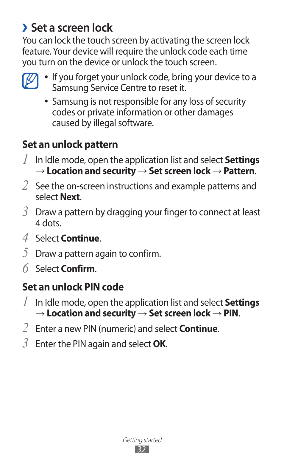 Set a screen lock | Samsung GALAXY GT-S5690 User Manual | Page 32 / 143