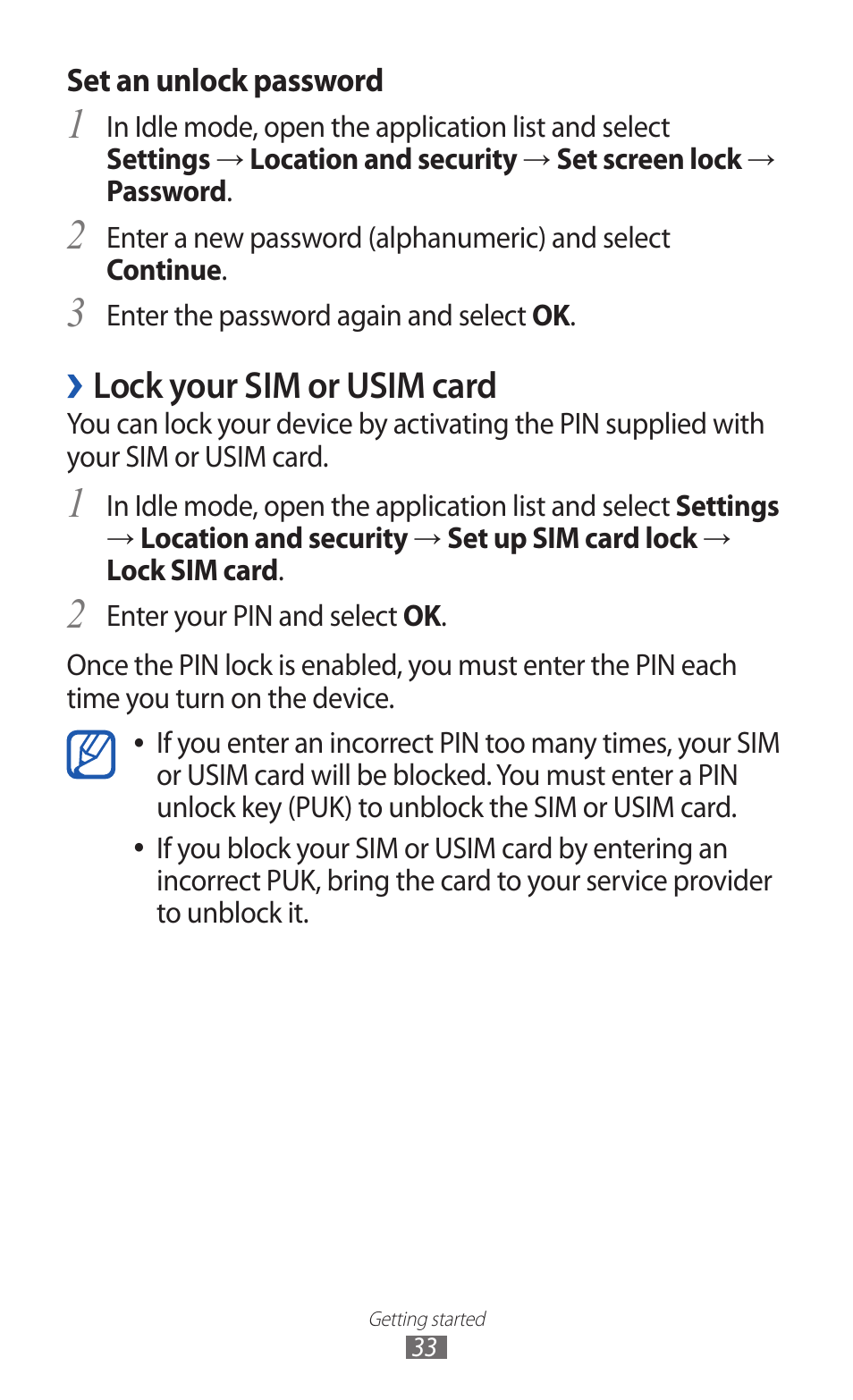 Lock your sim or usim card | Samsung GALAXY GT-S5690 User Manual | Page 33 / 143