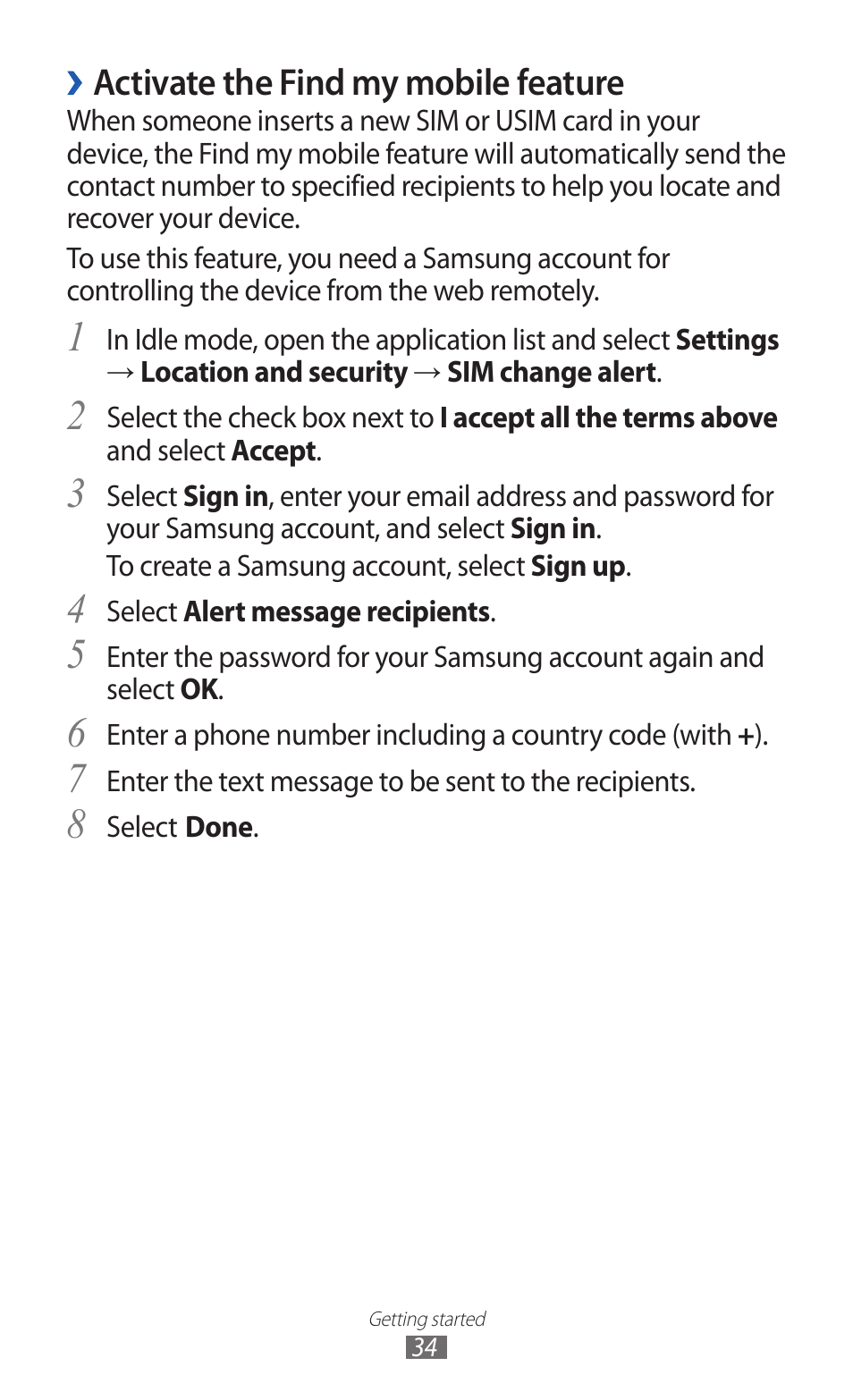 Activate the find my mobile feature | Samsung GALAXY GT-S5690 User Manual | Page 34 / 143