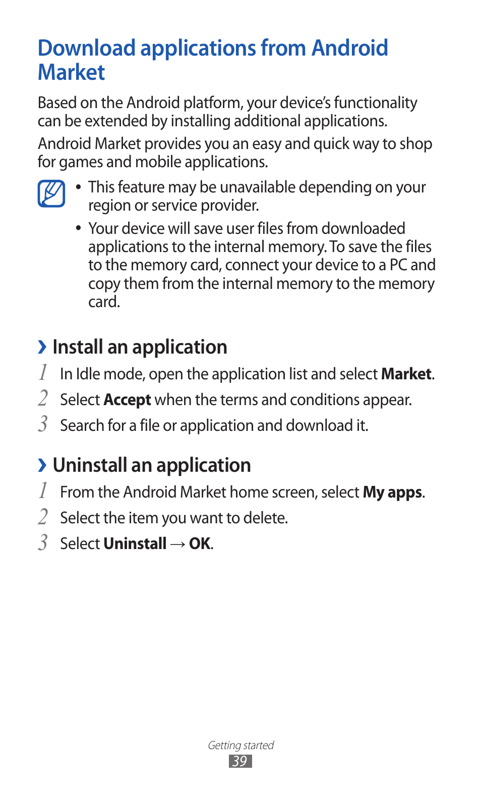 Download applications from android market, Install an application, Uninstall an application | Samsung GALAXY GT-S5690 User Manual | Page 39 / 143