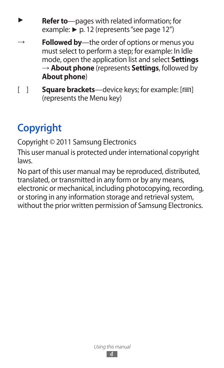 Copyright | Samsung GALAXY GT-S5690 User Manual | Page 4 / 143