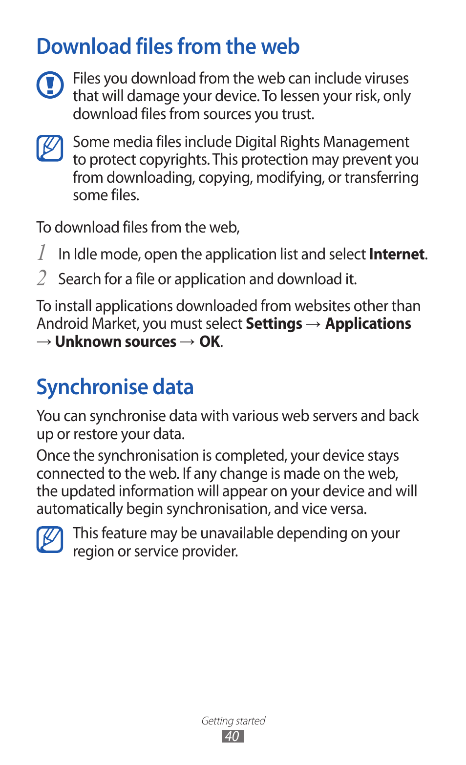 Download files from the web, Synchronise data, Download files from the web synchronise data | Samsung GALAXY GT-S5690 User Manual | Page 40 / 143