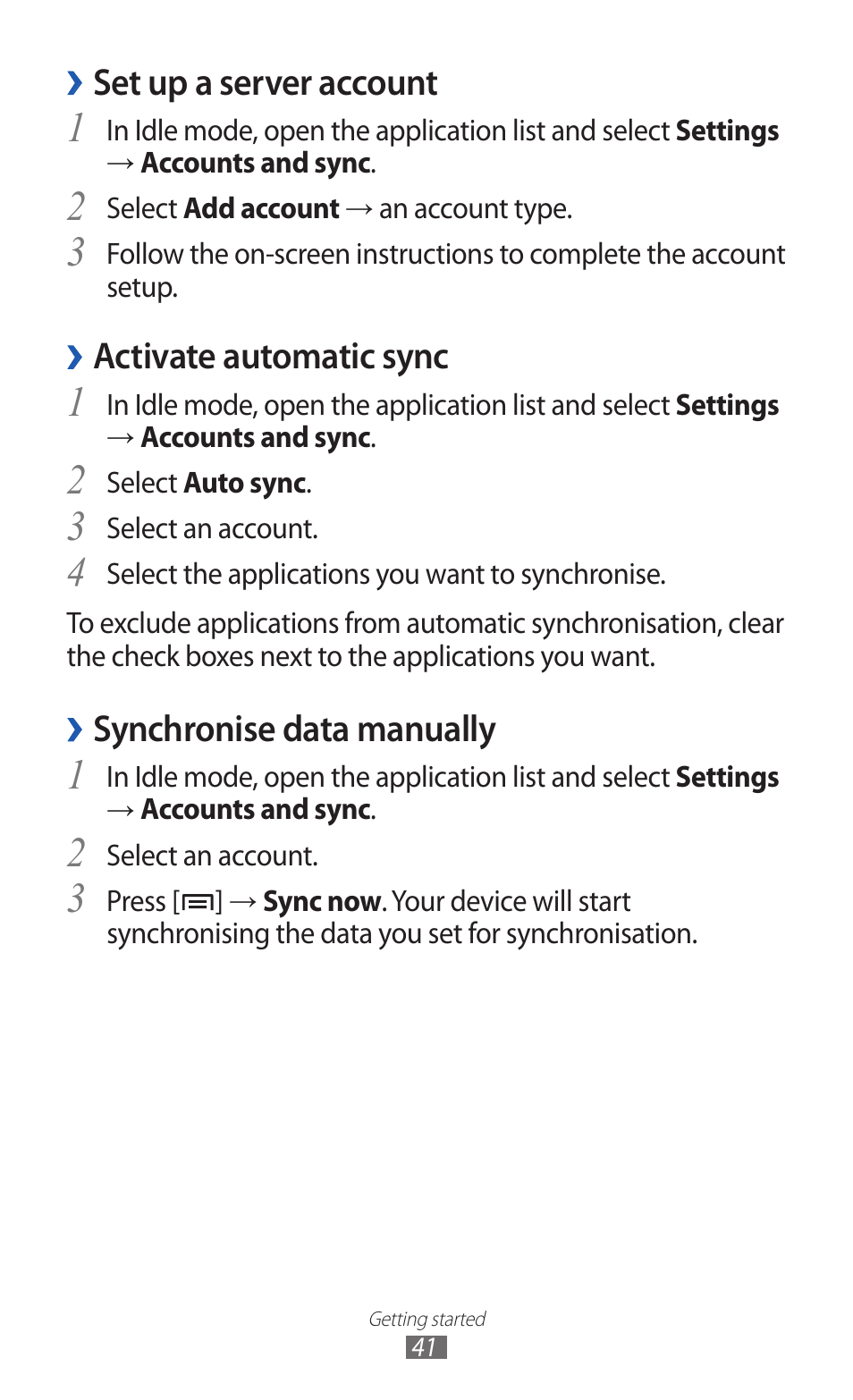 Set up a server account, Activate automatic sync, Synchronise data manually | Samsung GALAXY GT-S5690 User Manual | Page 41 / 143