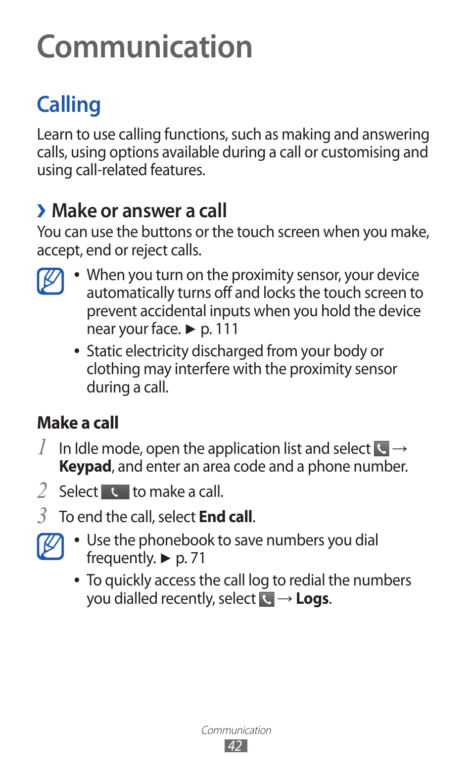 Communication, Calling, Make or answer a call | Samsung GALAXY GT-S5690 User Manual | Page 42 / 143