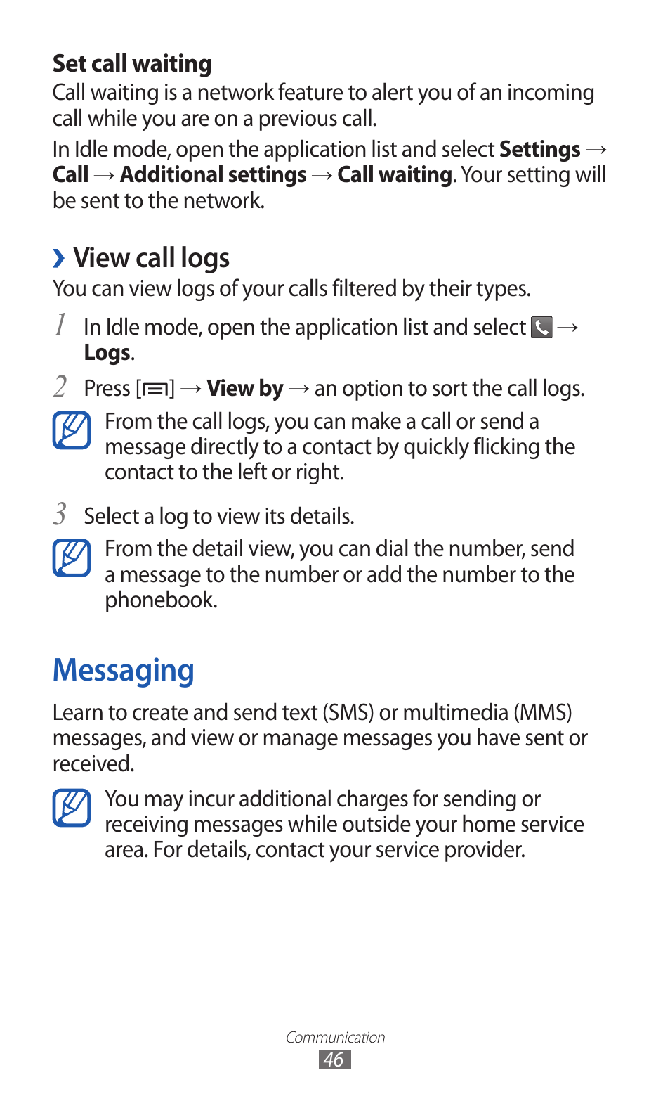 Messaging, View call logs | Samsung GALAXY GT-S5690 User Manual | Page 46 / 143