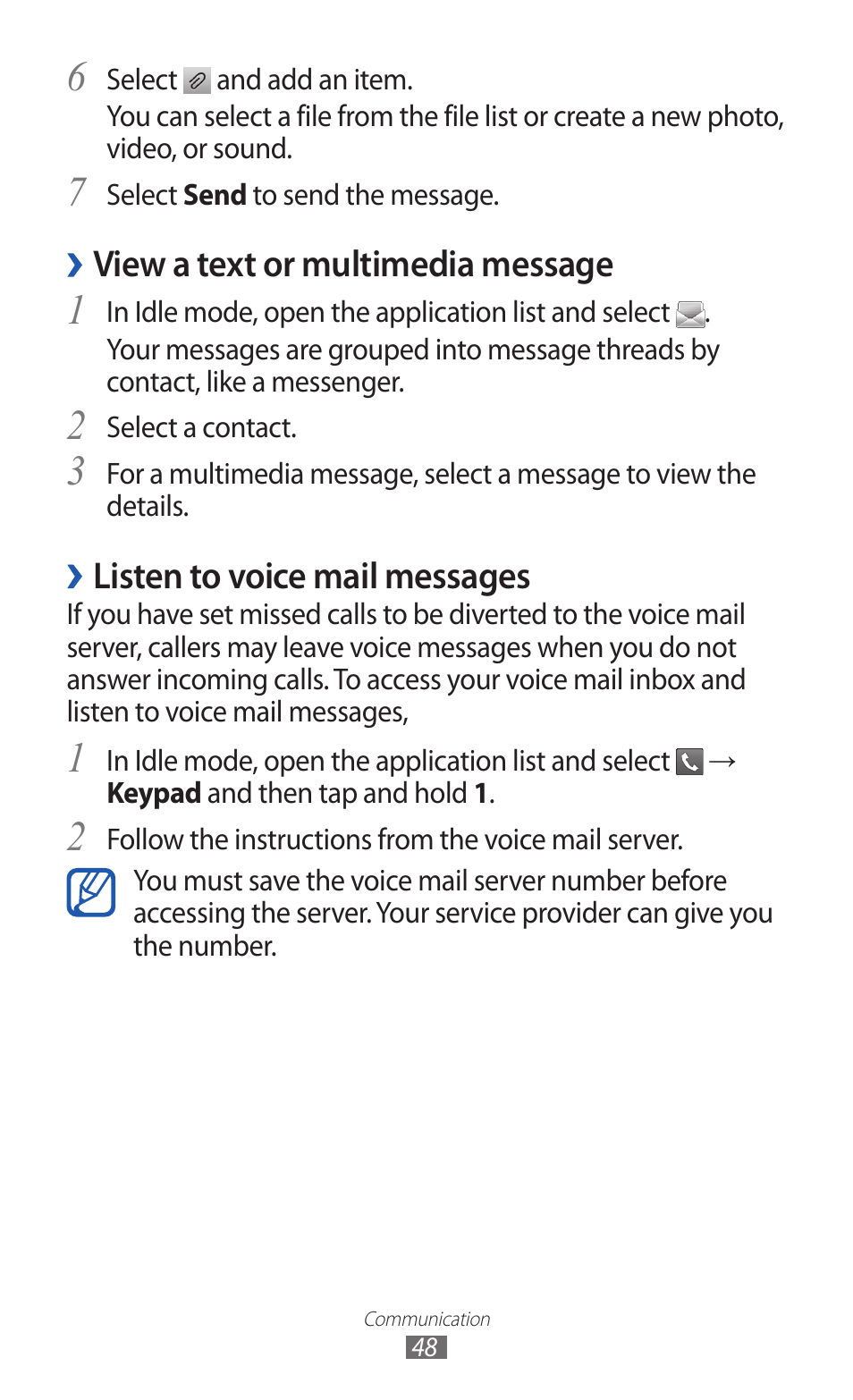 View a text or multimedia message, Listen to voice mail messages | Samsung GALAXY GT-S5690 User Manual | Page 48 / 143
