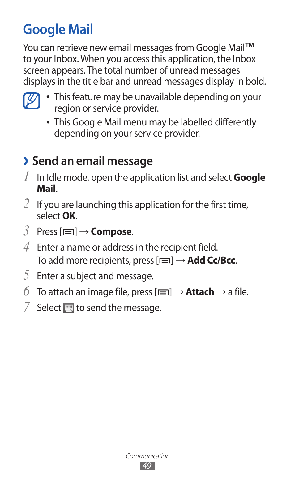 Google mail, Send an email message | Samsung GALAXY GT-S5690 User Manual | Page 49 / 143