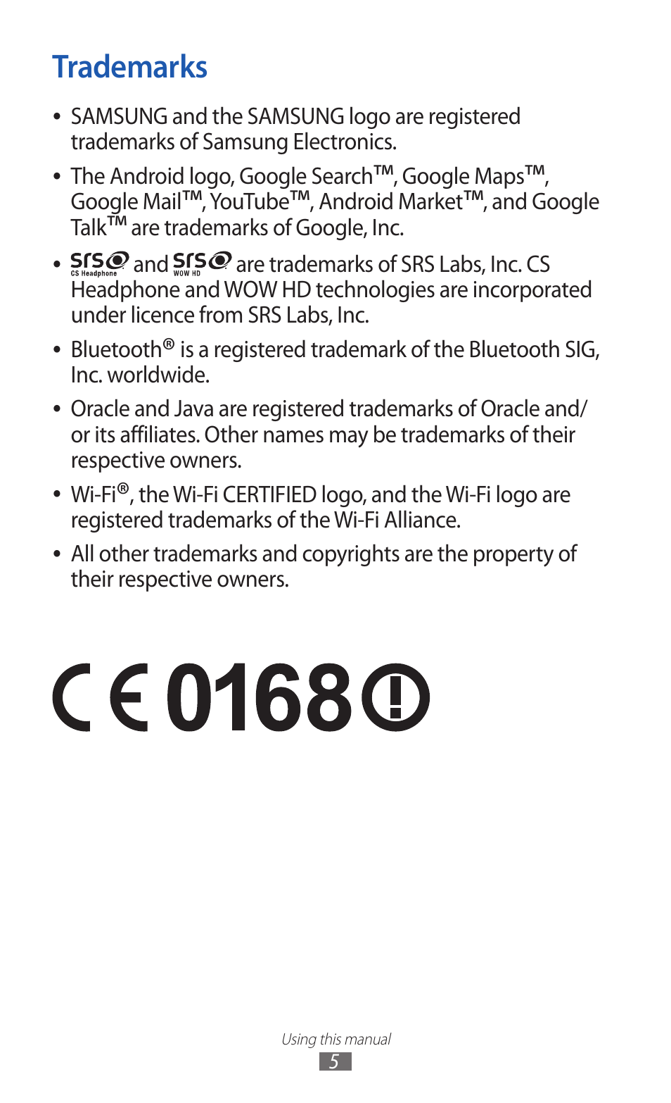 Trademarks | Samsung GALAXY GT-S5690 User Manual | Page 5 / 143