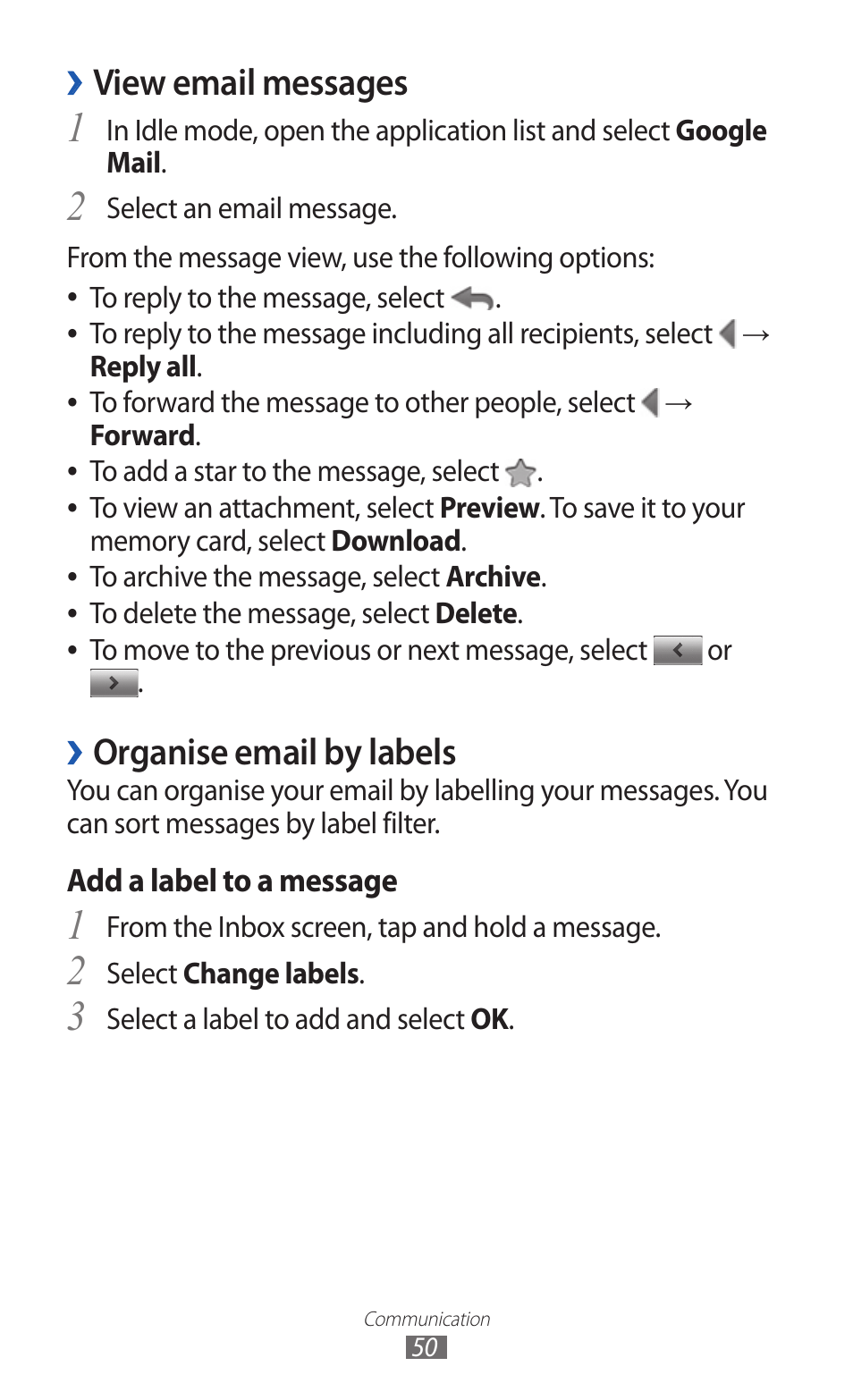 View email messages, Organise email by labels | Samsung GALAXY GT-S5690 User Manual | Page 50 / 143
