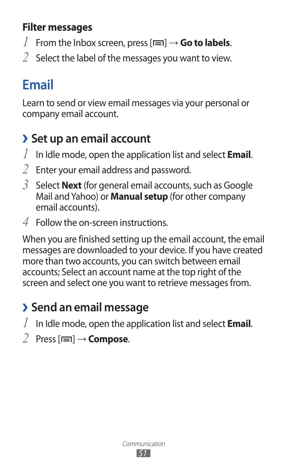 Email, 2email, Set up an email account | Send an email message | Samsung GALAXY GT-S5690 User Manual | Page 51 / 143