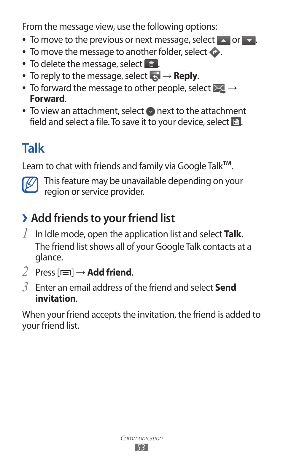 Talk, Add friends to your friend list | Samsung GALAXY GT-S5690 User Manual | Page 53 / 143