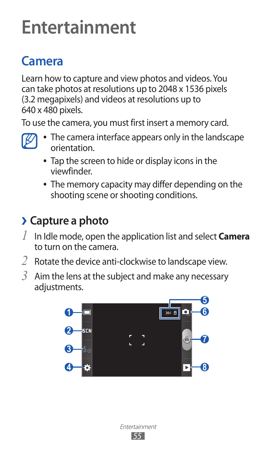 Entertainment, Camera, Capture a photo | Samsung GALAXY GT-S5690 User Manual | Page 55 / 143