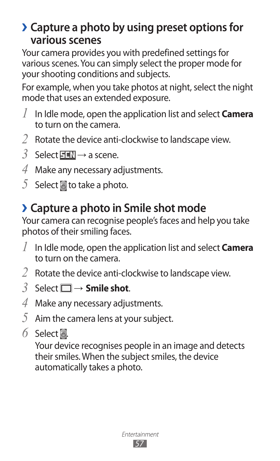 Capture a photo by using preset options for, Various scenes, Capture a photo in smile shot mode | Samsung GALAXY GT-S5690 User Manual | Page 57 / 143