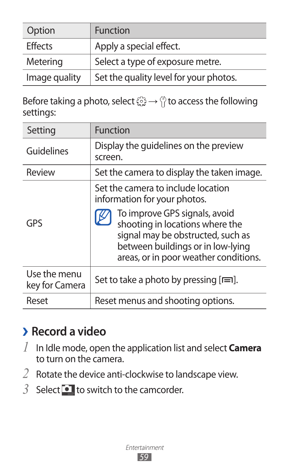 Record a video | Samsung GALAXY GT-S5690 User Manual | Page 59 / 143