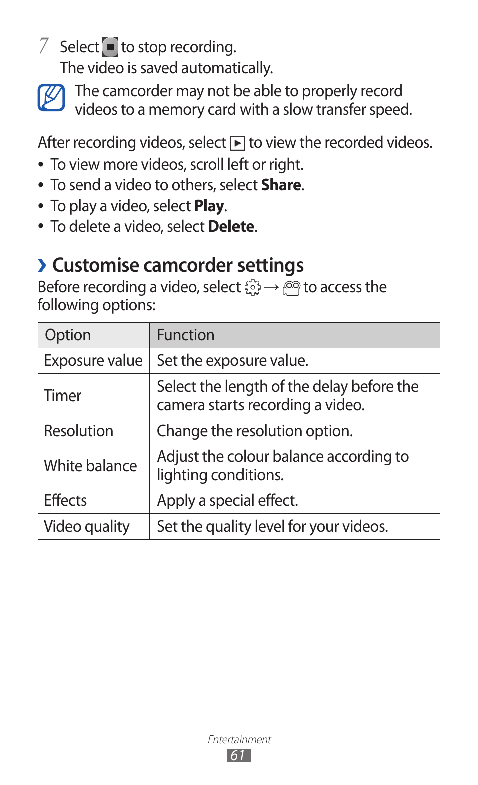 Customise camcorder settings | Samsung GALAXY GT-S5690 User Manual | Page 61 / 143