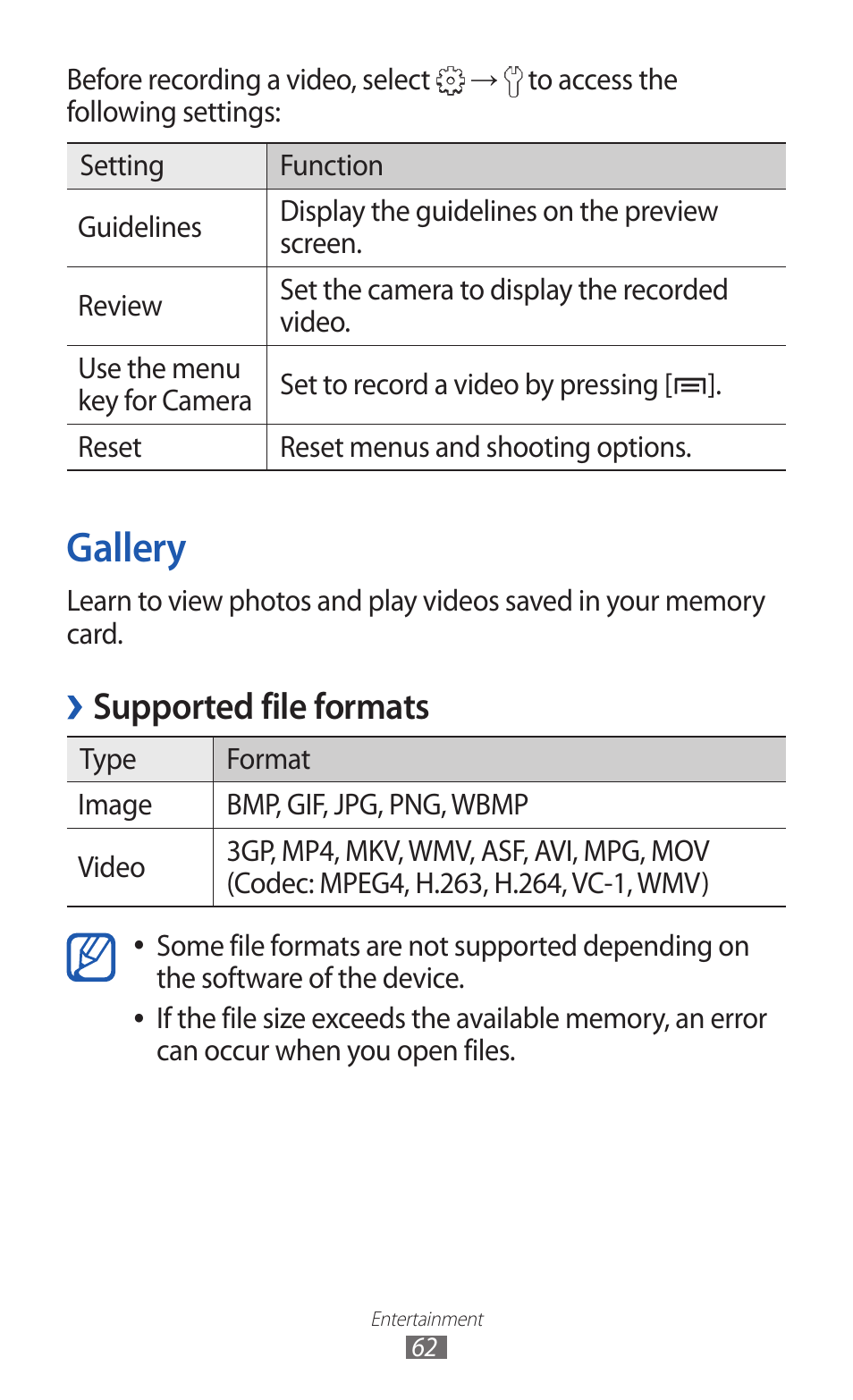 Gallery, Supported file formats | Samsung GALAXY GT-S5690 User Manual | Page 62 / 143