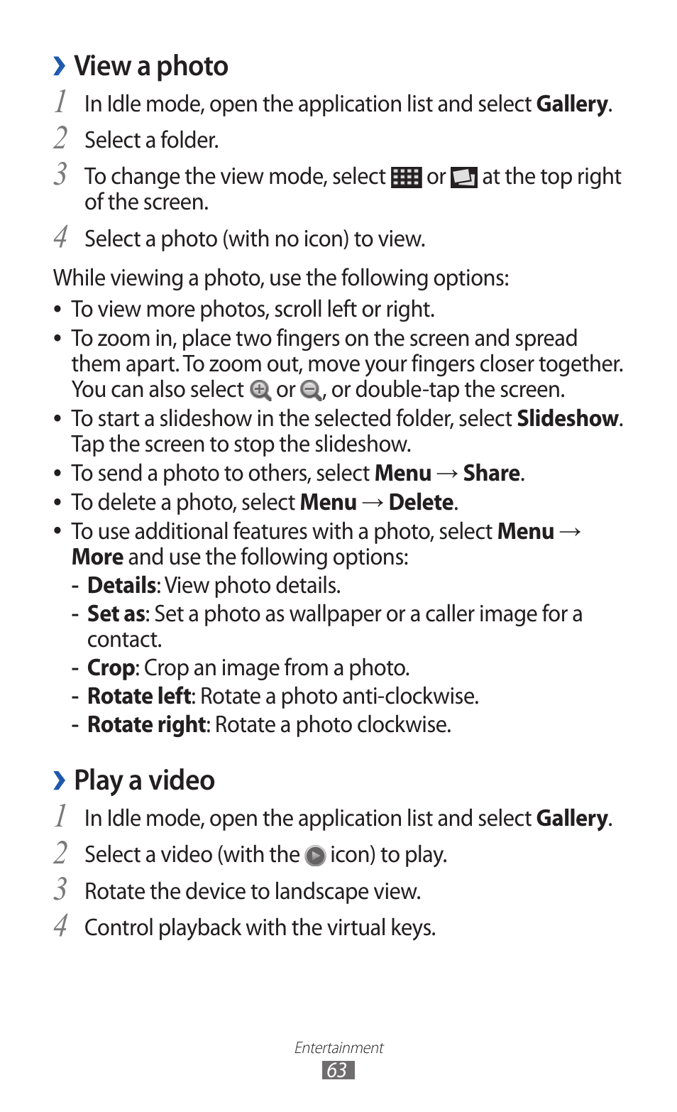 View a photo, Play a video | Samsung GALAXY GT-S5690 User Manual | Page 63 / 143