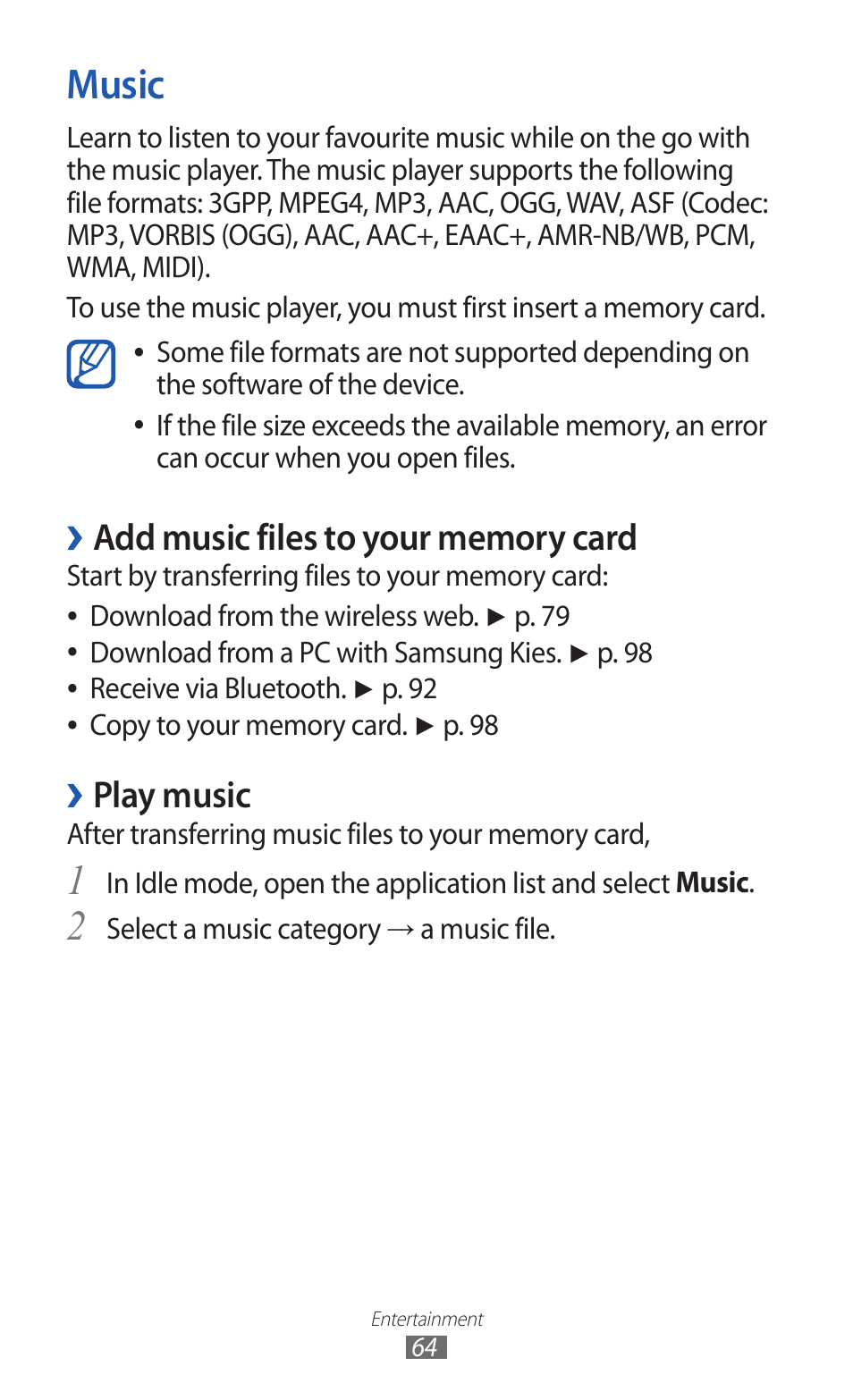 Music, Play music | Samsung GALAXY GT-S5690 User Manual | Page 64 / 143