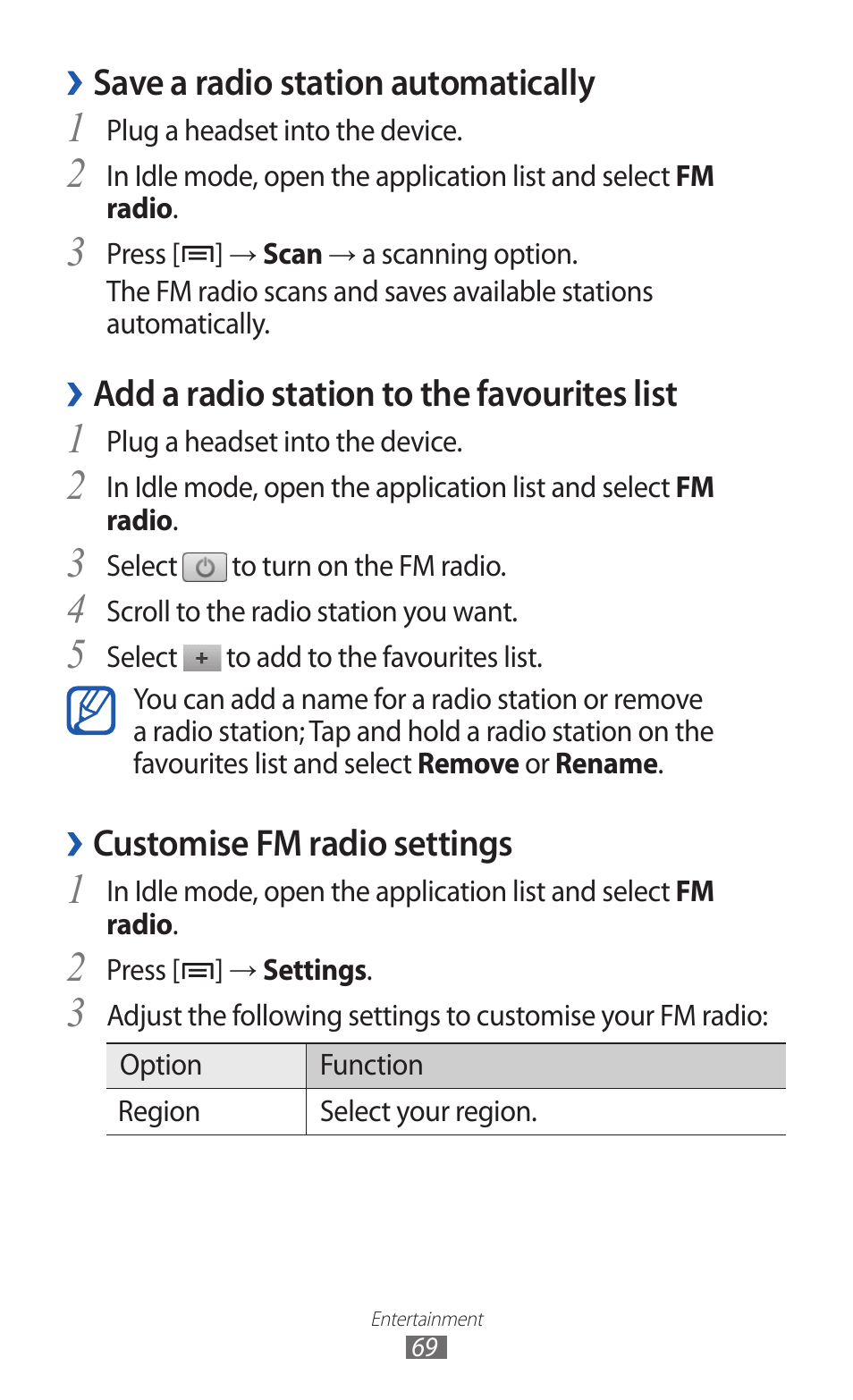 Save a radio station automatically, Add a radio station to the favourites list, Customise fm radio settings | Samsung GALAXY GT-S5690 User Manual | Page 69 / 143