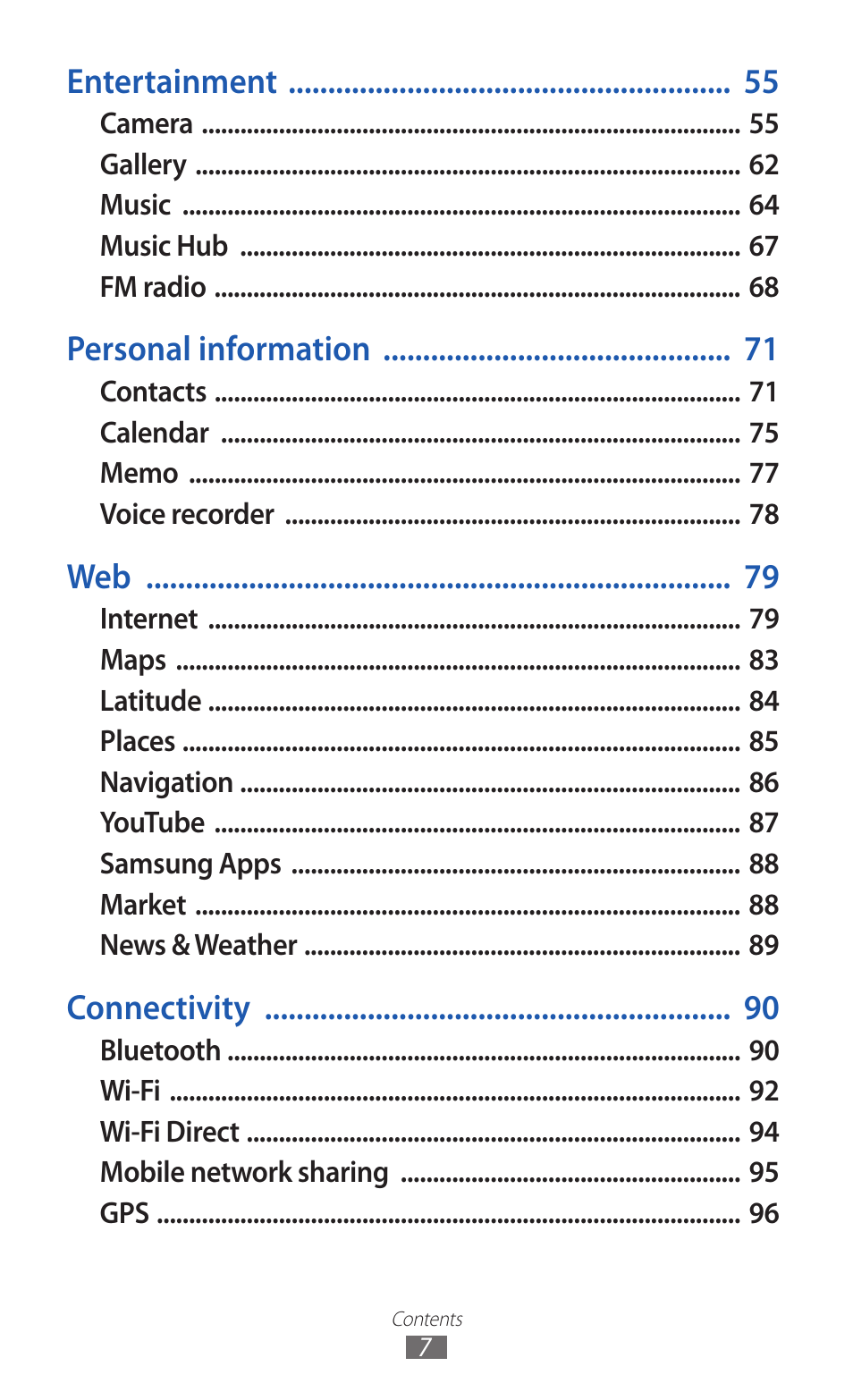 Entertainment, Personal information, Connectivity | Samsung GALAXY GT-S5690 User Manual | Page 7 / 143