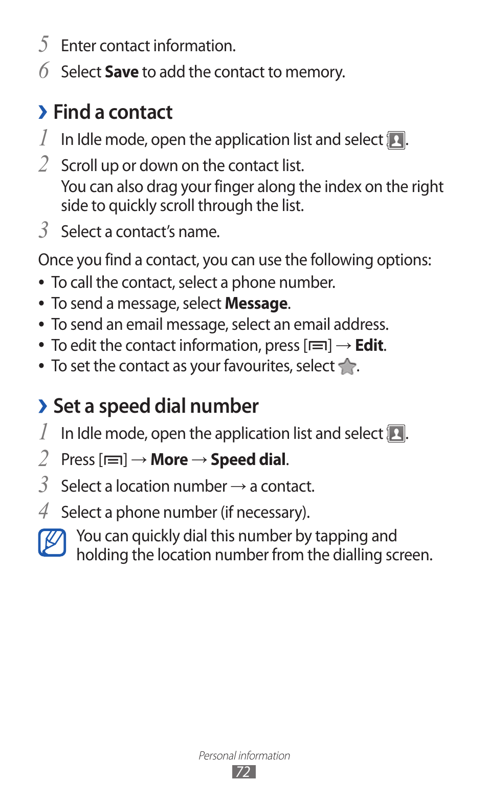 Find a contact, Set a speed dial number | Samsung GALAXY GT-S5690 User Manual | Page 72 / 143