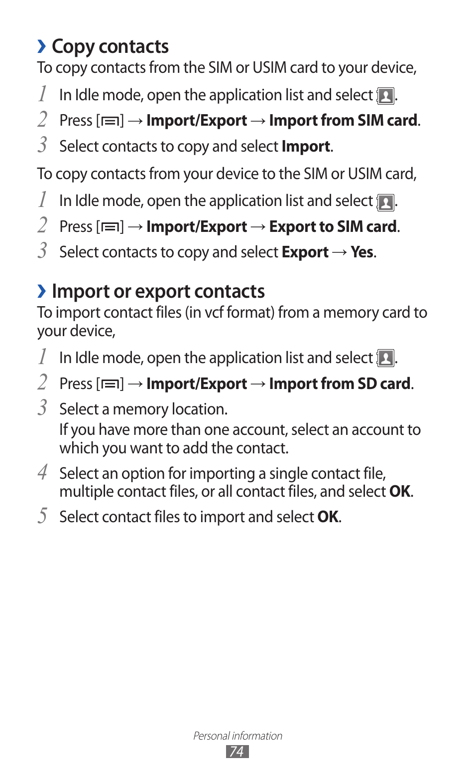 Copy contacts, Import or export contacts | Samsung GALAXY GT-S5690 User Manual | Page 74 / 143