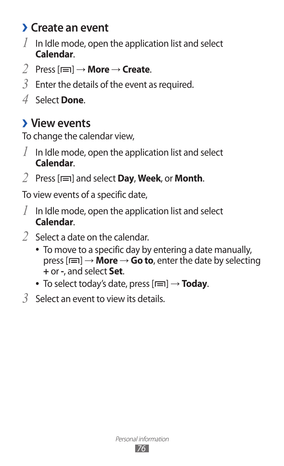 Create an event, View events | Samsung GALAXY GT-S5690 User Manual | Page 76 / 143