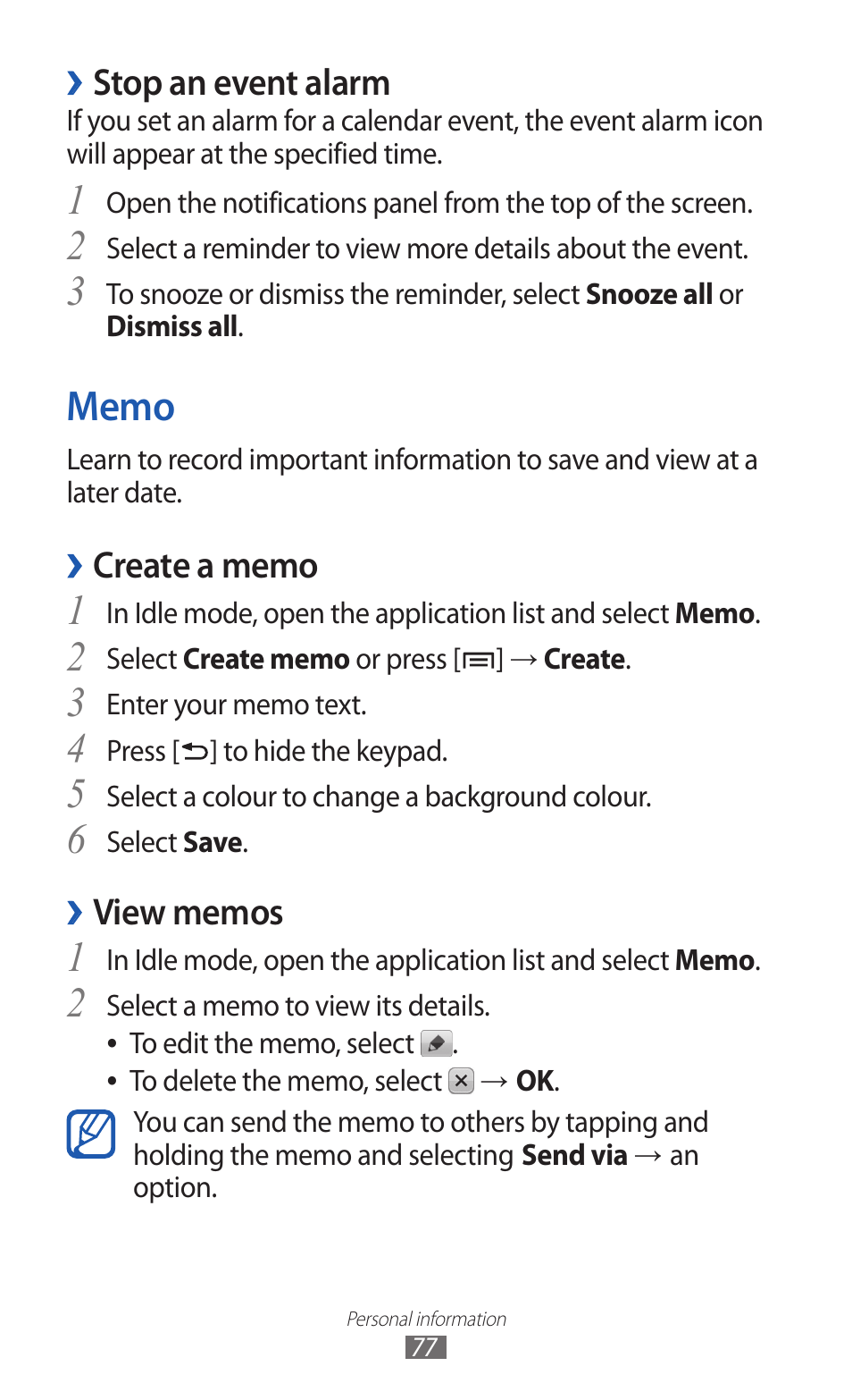 Memo, Stop an event alarm | Samsung GALAXY GT-S5690 User Manual | Page 77 / 143