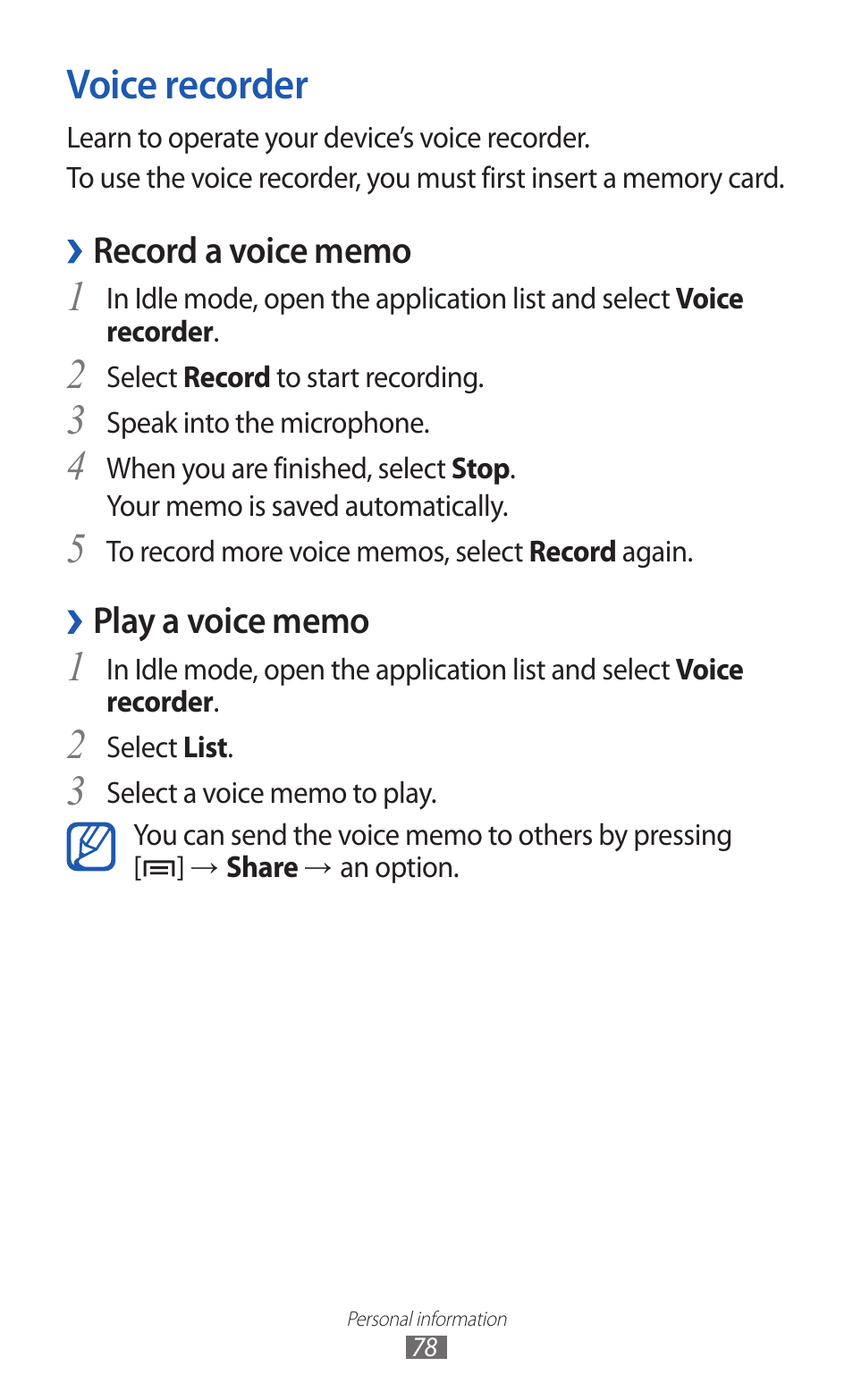 Voice recorder | Samsung GALAXY GT-S5690 User Manual | Page 78 / 143