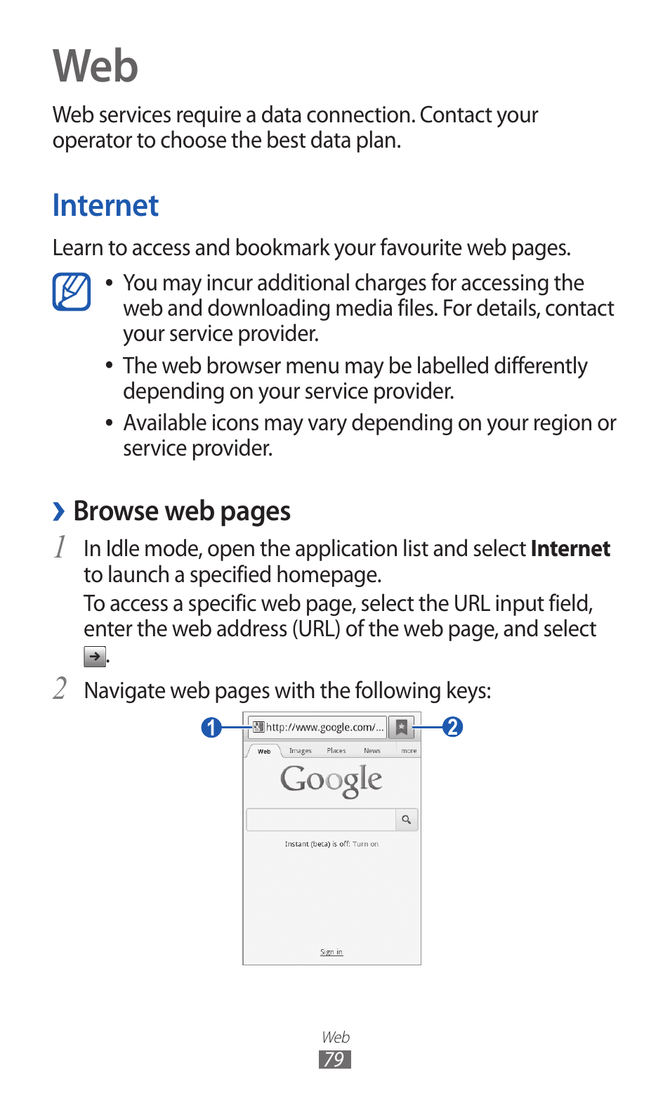 Internet, Browse web pages | Samsung GALAXY GT-S5690 User Manual | Page 79 / 143