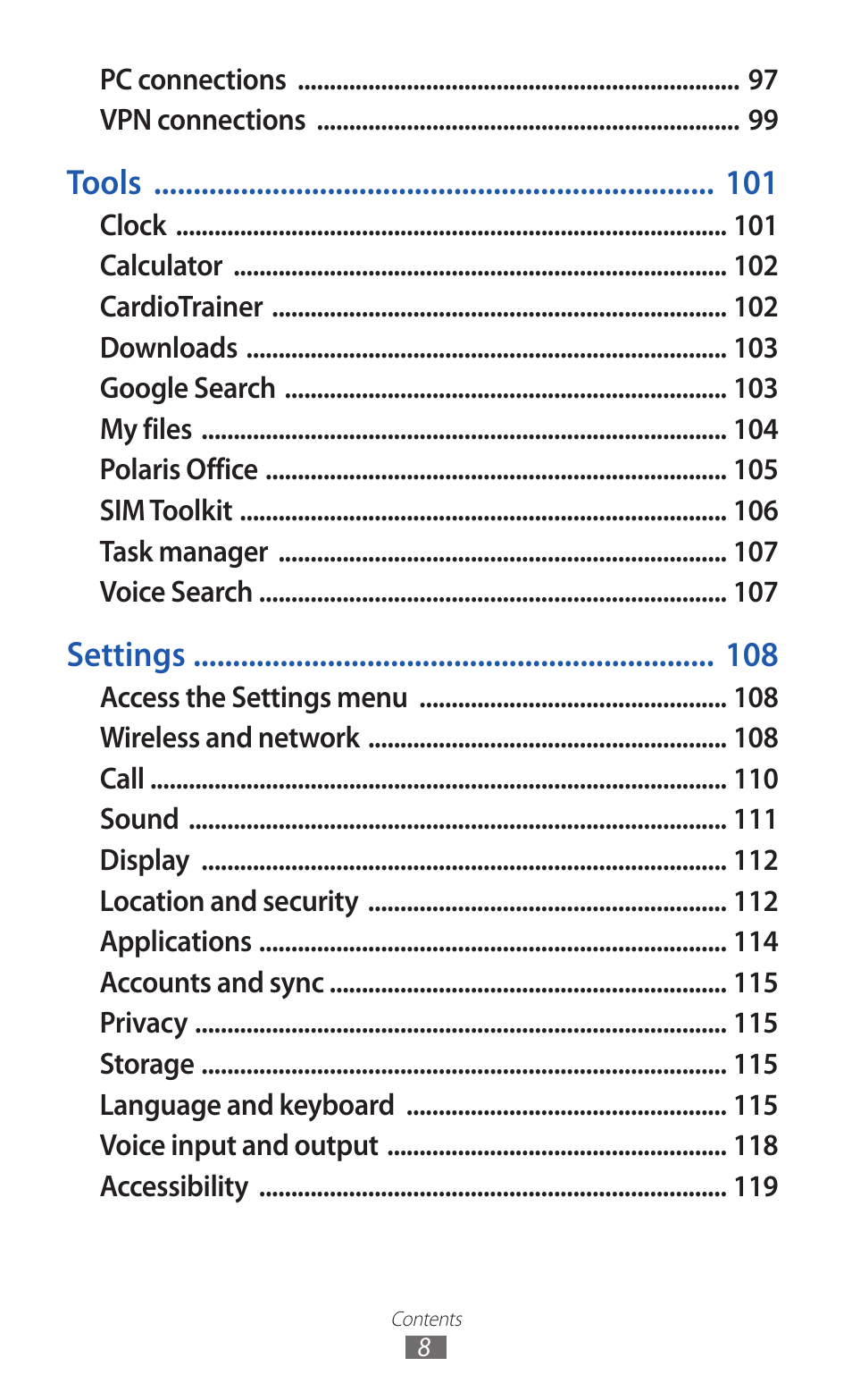 Tools, Settings | Samsung GALAXY GT-S5690 User Manual | Page 8 / 143