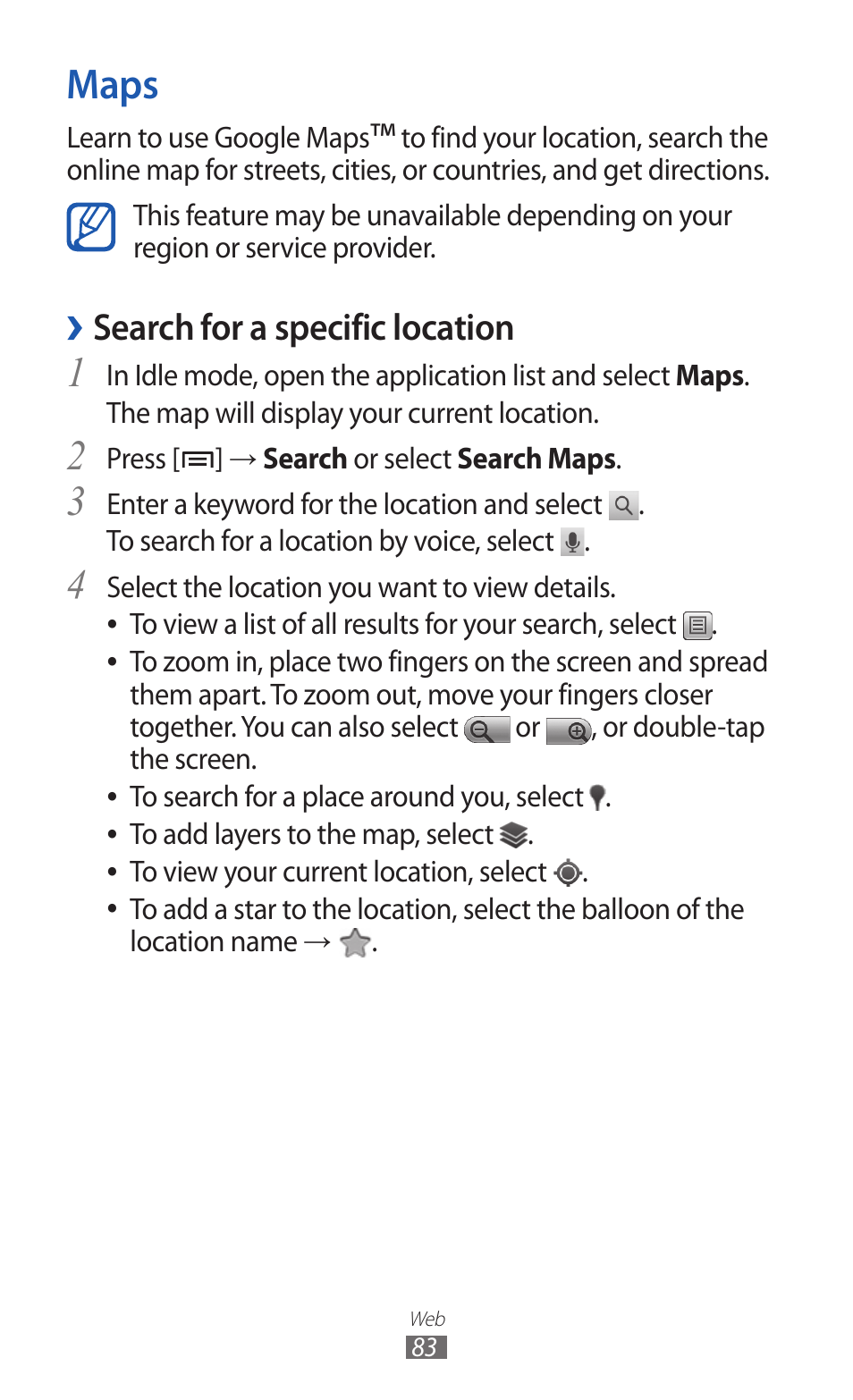 Maps, Search for a specific location | Samsung GALAXY GT-S5690 User Manual | Page 83 / 143