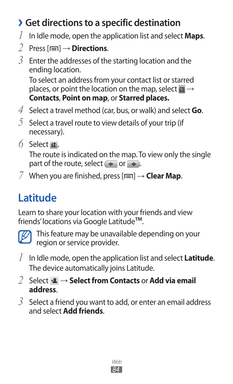 Latitude, Get directions to a specific destination | Samsung GALAXY GT-S5690 User Manual | Page 84 / 143