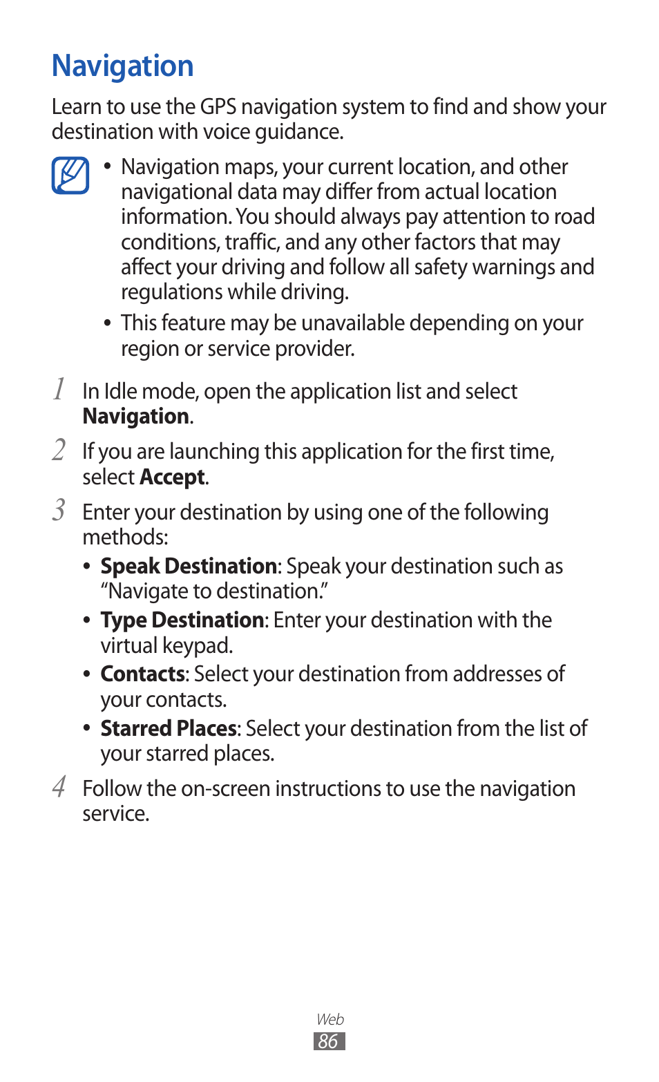 Navigation | Samsung GALAXY GT-S5690 User Manual | Page 86 / 143