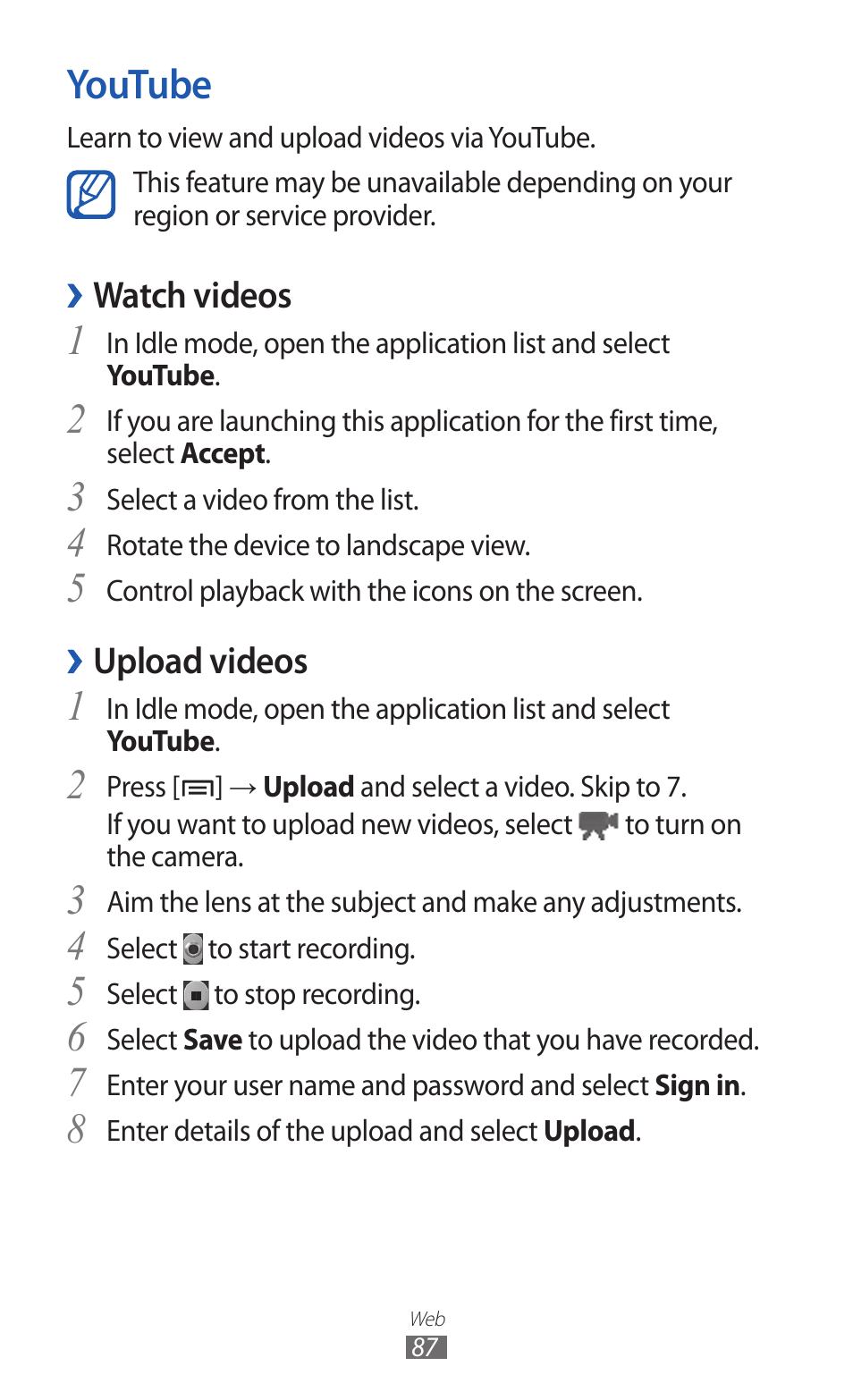 Youtube | Samsung GALAXY GT-S5690 User Manual | Page 87 / 143