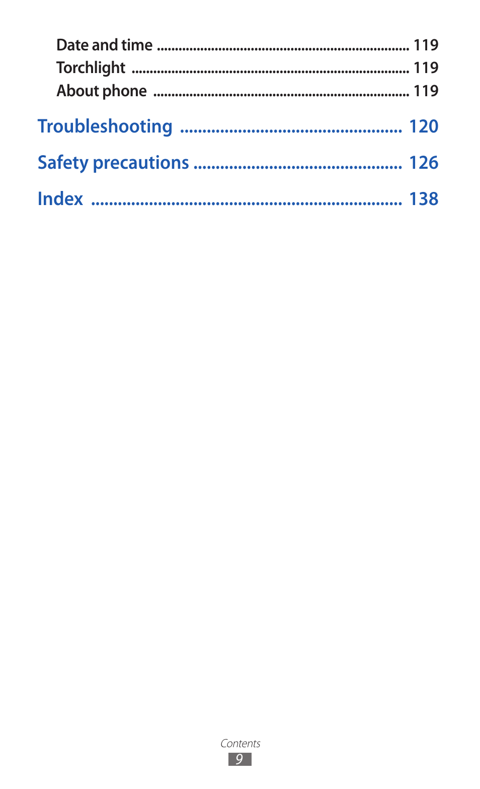 Troubleshooting safety precautions index | Samsung GALAXY GT-S5690 User Manual | Page 9 / 143
