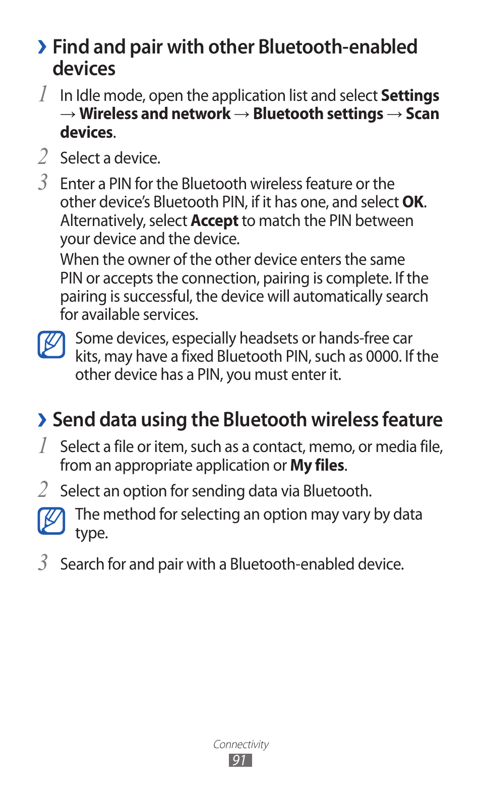 Find and pair with other bluetooth-enabled, Devices, Send data using the bluetooth wireless feature | Samsung GALAXY GT-S5690 User Manual | Page 91 / 143