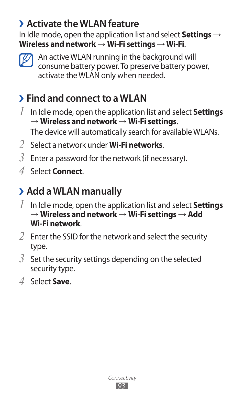 Activate the wlan feature, Find and connect to a wlan, Add a wlan manually | Samsung GALAXY GT-S5690 User Manual | Page 93 / 143