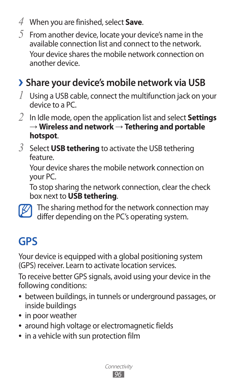 Share your device’s mobile network via usb | Samsung GALAXY GT-S5690 User Manual | Page 96 / 143